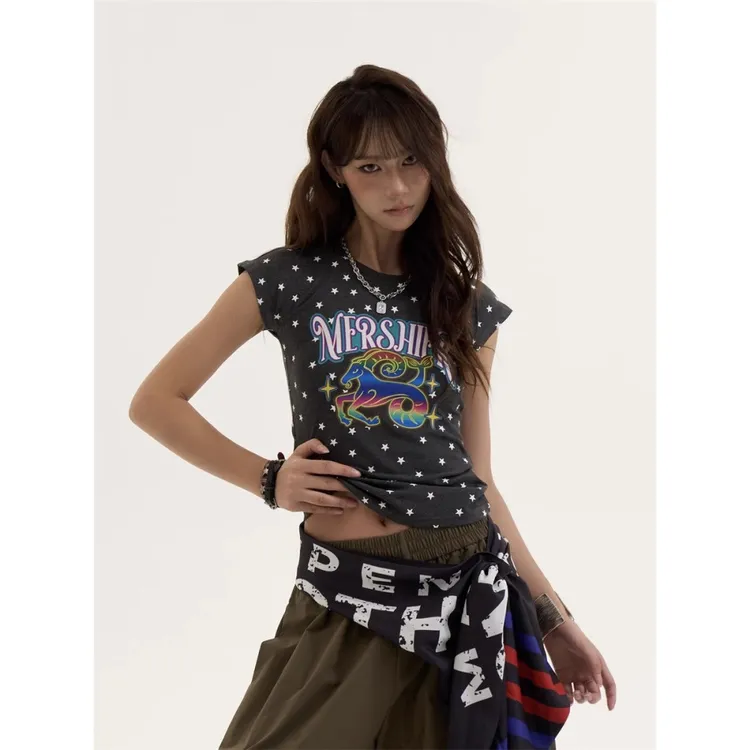 美式字母星星满印短袖女修身显瘦夏季小众穿搭设计感百搭T恤上衣