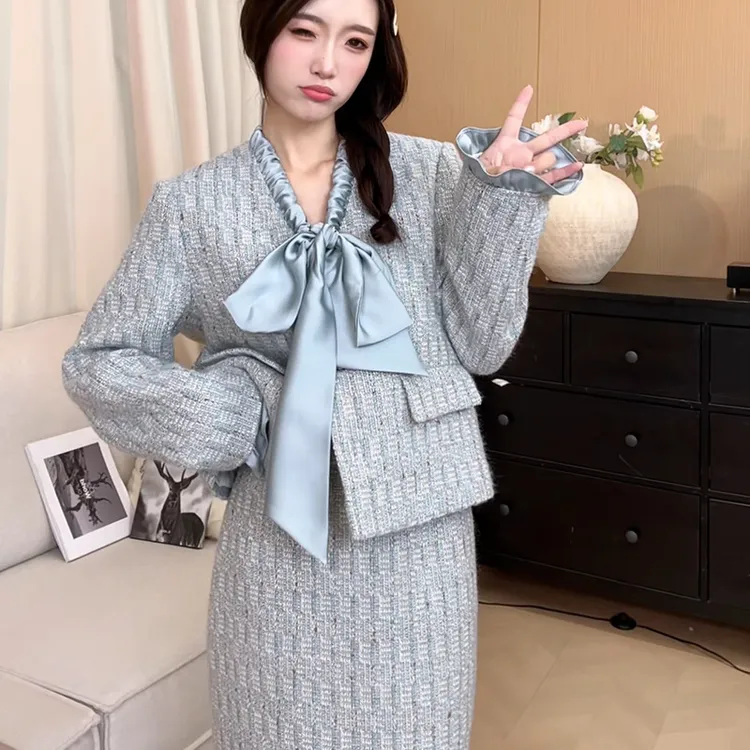 秋冬设计感加棉套装女蝴蝶结蓝色毛呢外套女小众小香风短裙两件套