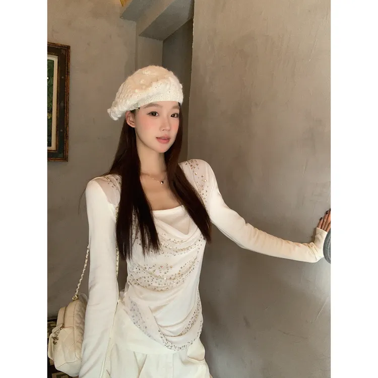 【纯白少女】秋冬法式小众烫钻气质纯欲荡领T恤254N4384