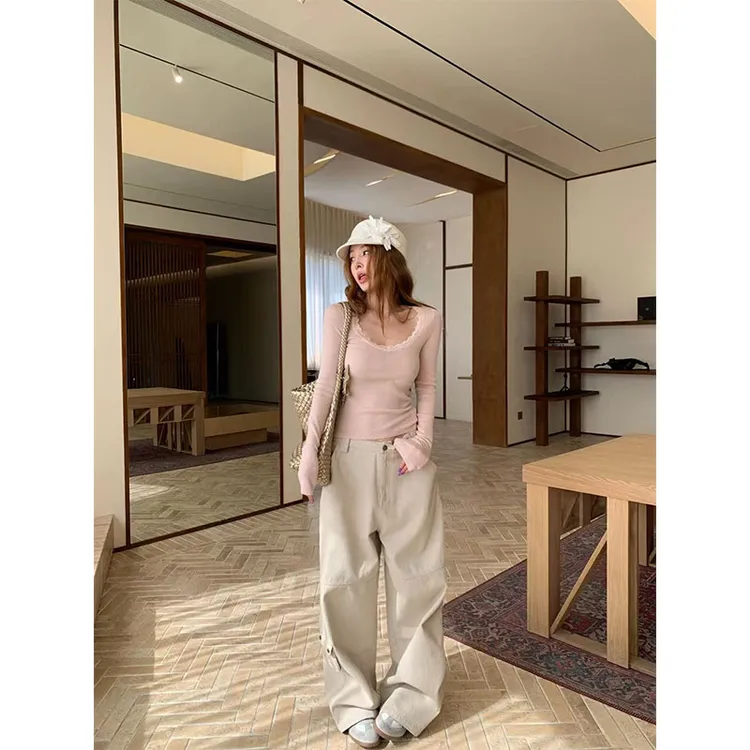 时尚套装秋冬新款休闲百搭小众花边长袖上衣高腰垂感阔腿裤套装