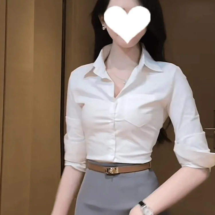 法式收腰设计感黑色衬衫女春季2025年新款polo领修身显瘦长袖衬衣