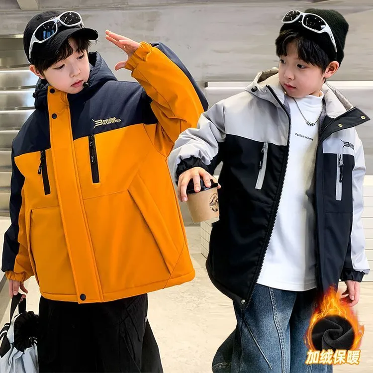 男童加绒加厚冲锋衣外套冬装夹棉保暖派克服中大童秋冬款洋气棉服