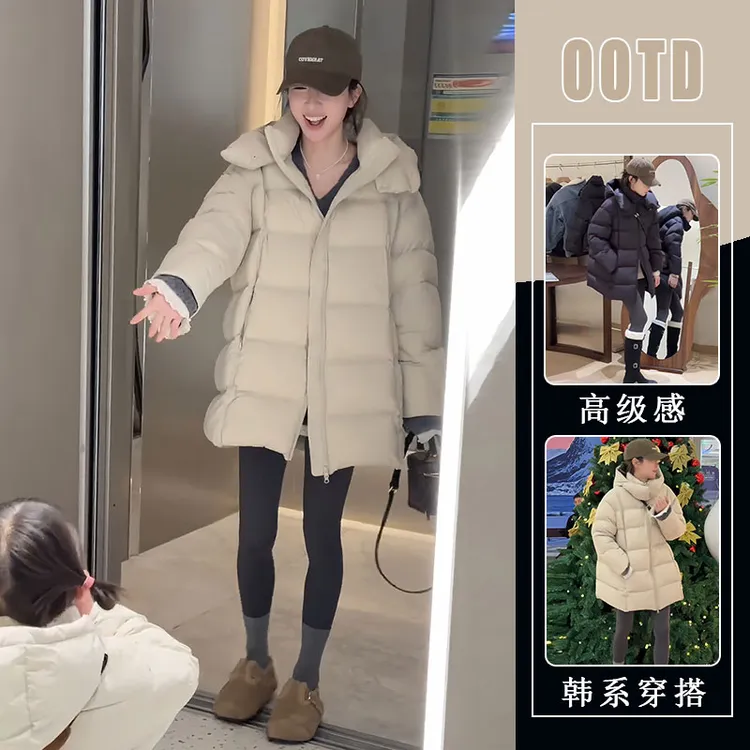 设计感小众纯色连帽棉服外套女2024冬季新款极简风加厚保暖面包服