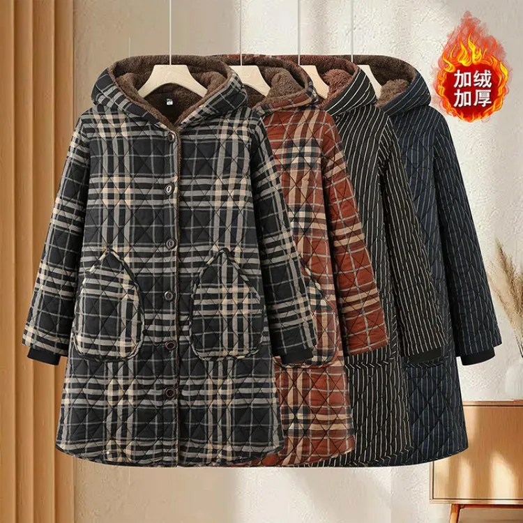 冬季新款妈妈复古格子中长款加绒加厚连帽棉衣女大码保暖棉袄外套