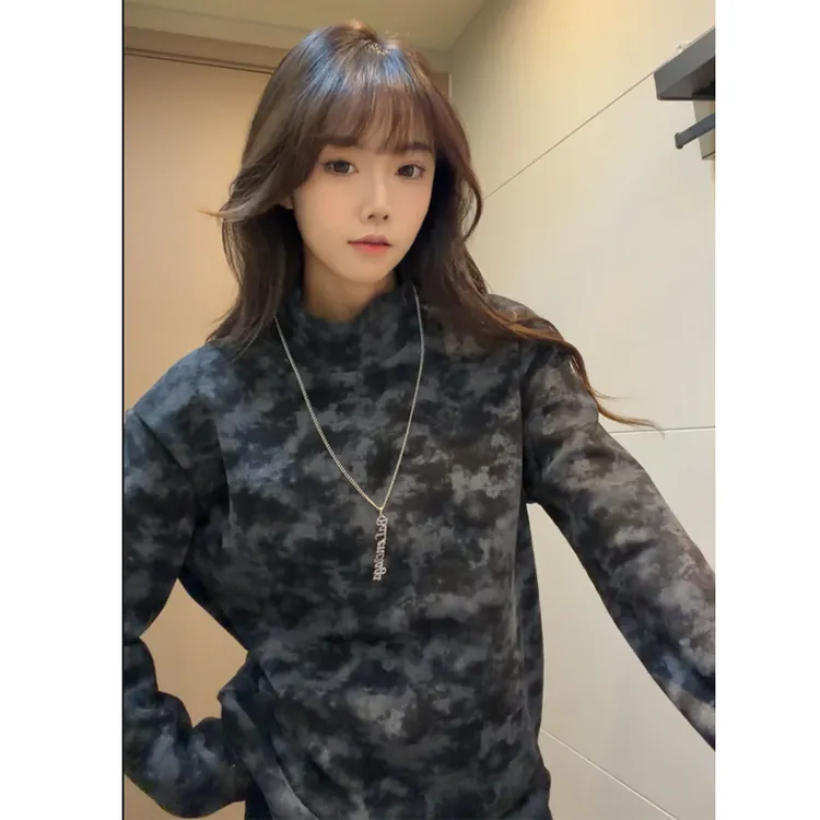 冬季新款保暖加绒扎染半高领德绒宽松男士T恤潮流百搭时尚打底衫