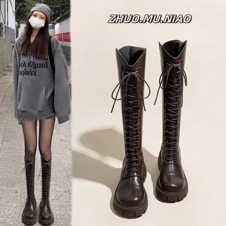 啄木鸟时尚长靴马丁靴2025年新款秋冬加绒不过膝系带高筒靴骑士靴