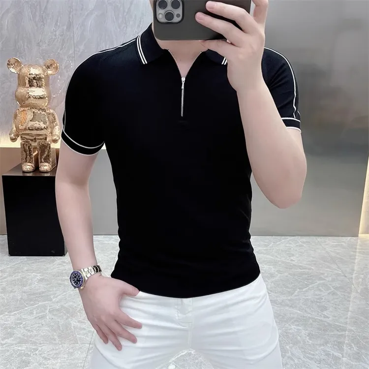 欧货轻奢短袖POLO男士针织冰丝半袖T恤拉链夏季修身条纹翻领上衣