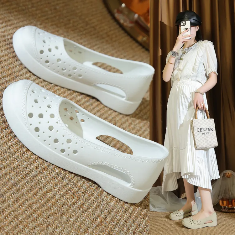 越南乳胶白色护士工作鞋夏季女士时尚单鞋透气镂空洞洞凉鞋沙滩鞋