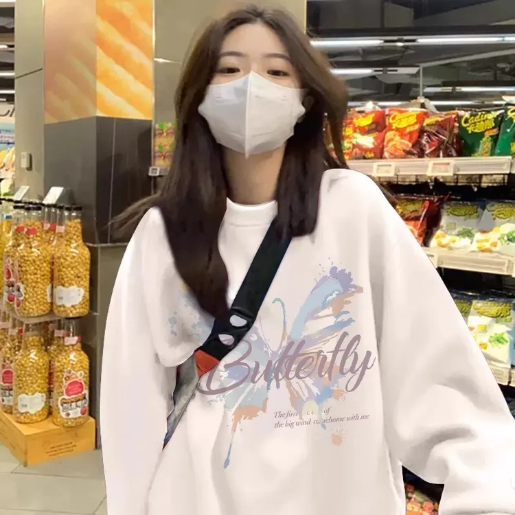 白色圆领卫衣女2025春秋新款蝴蝶印花设计感上衣宽松大码冬季外套