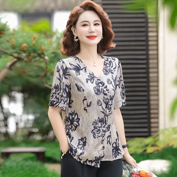 哥弟阿玛施正品2025新款夏装时尚妈妈短袖轻奢上衣减龄中老年中式