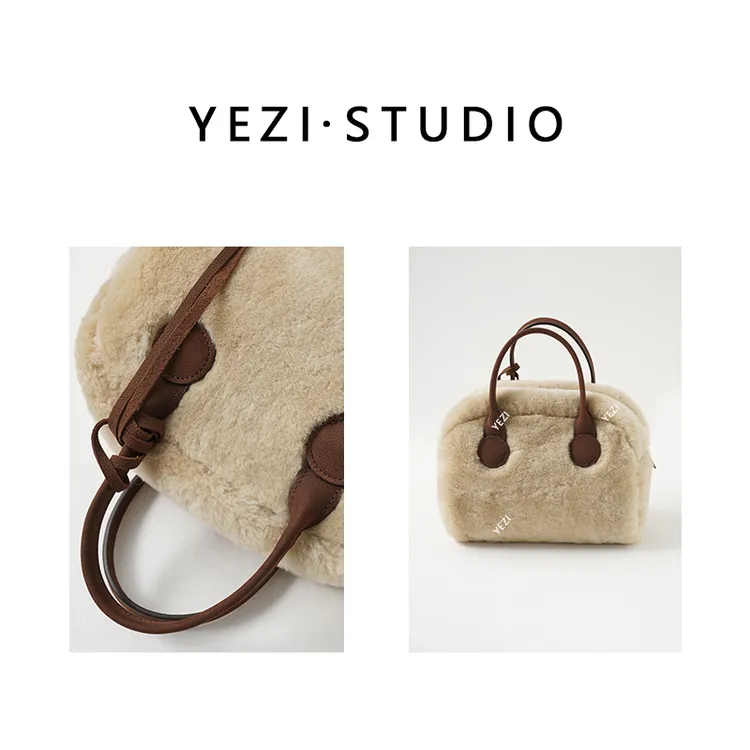 【大小姐】羊.皮毛一体拼接牛皮毛绒爱心吊坠波士顿手提包25446017