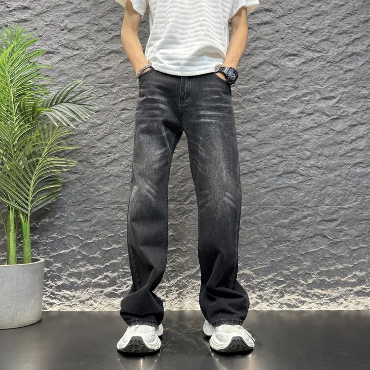 水洗黑猫须牛仔裤2025新款微喇直筒宽松阔腿休宽松直筒微喇牛仔裤