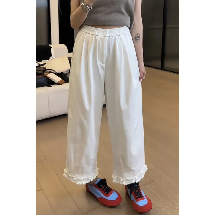 艾塔莉白色松紧腰阔腿裤女春夏新款大码薄款休闲九分裤宽松直筒裤