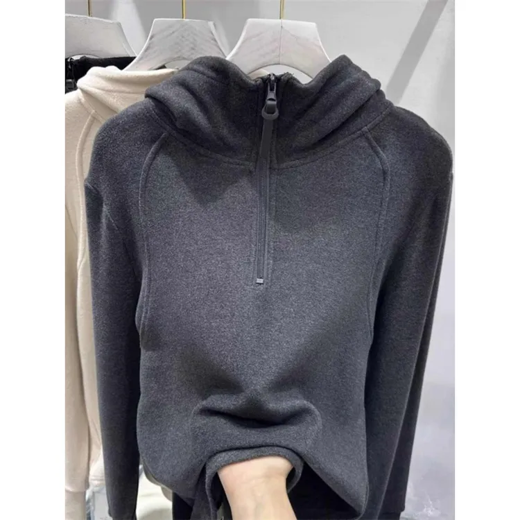 半拉链设计双面德绒连帽卫衣女秋冬保暖休闲打底衫T恤上衣帽衫潮
