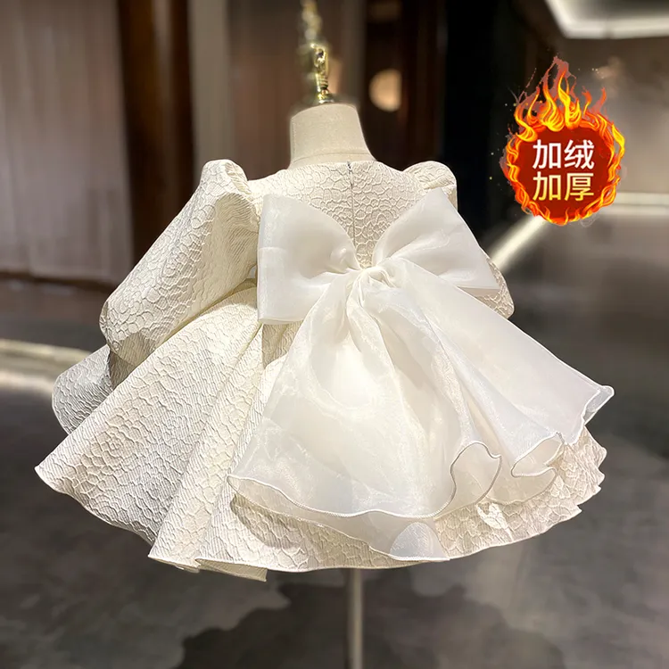 周岁女宝宝公主裙秋冬新款加绒白色蓬蓬裙小女孩生日礼服儿童演出