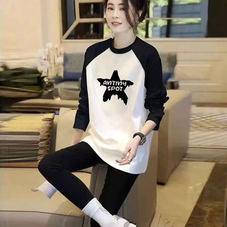 纯棉内搭撞色插肩袖正肩长袖T恤女2025秋冬新款欧货宽松小众上衣M