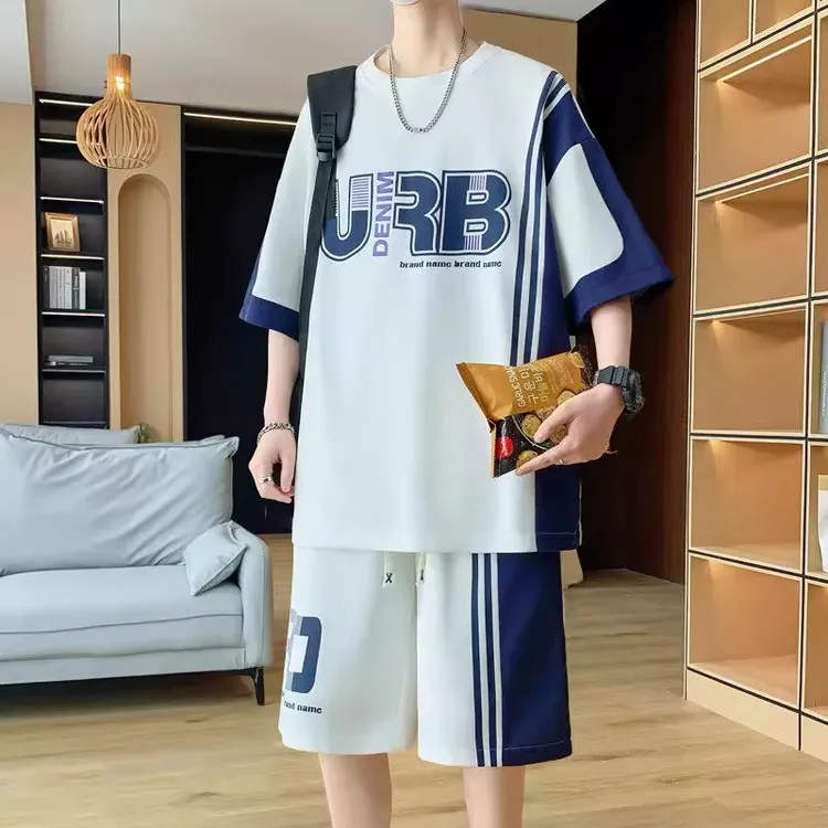 大码男装100-280斤冰丝短袖t恤男青少年夏装帅气短袖休闲运动套装