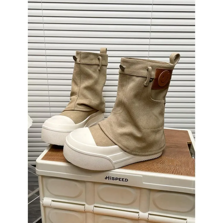 小众时尚牛仔帆布裤管靴女2025新款厚底松糕中筒时装靴