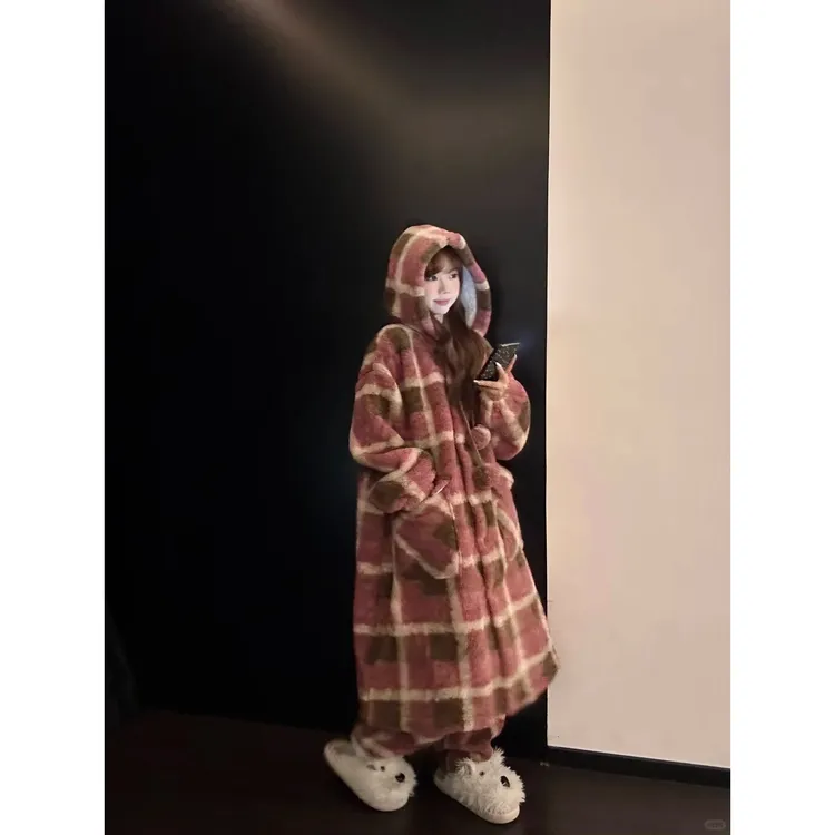 韩版少女复古格纹连帽珊瑚绒睡衣秋冬季新款加厚家居服套装可外穿