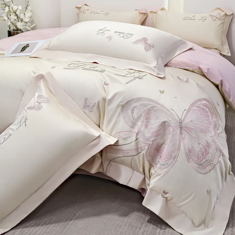 2025网红款A类床品四件套全棉纯棉轻奢床笠床上用品蝴蝶绣花被套4