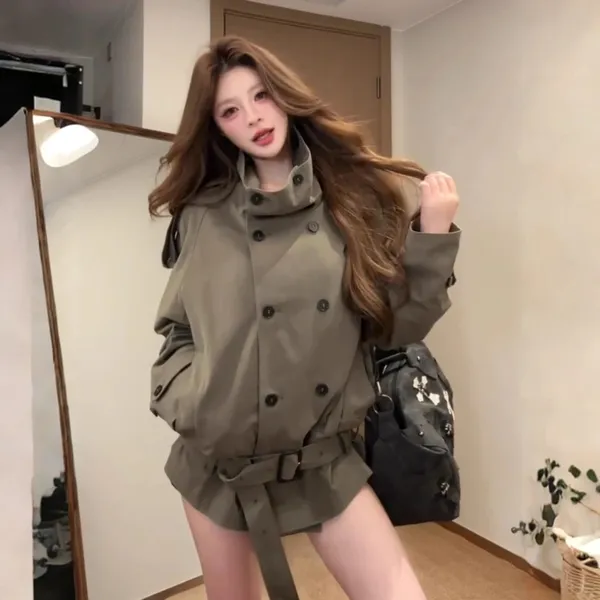 美式复古绿色立领双排扣风衣外套女早秋季高个子宽松休闲短款大衣