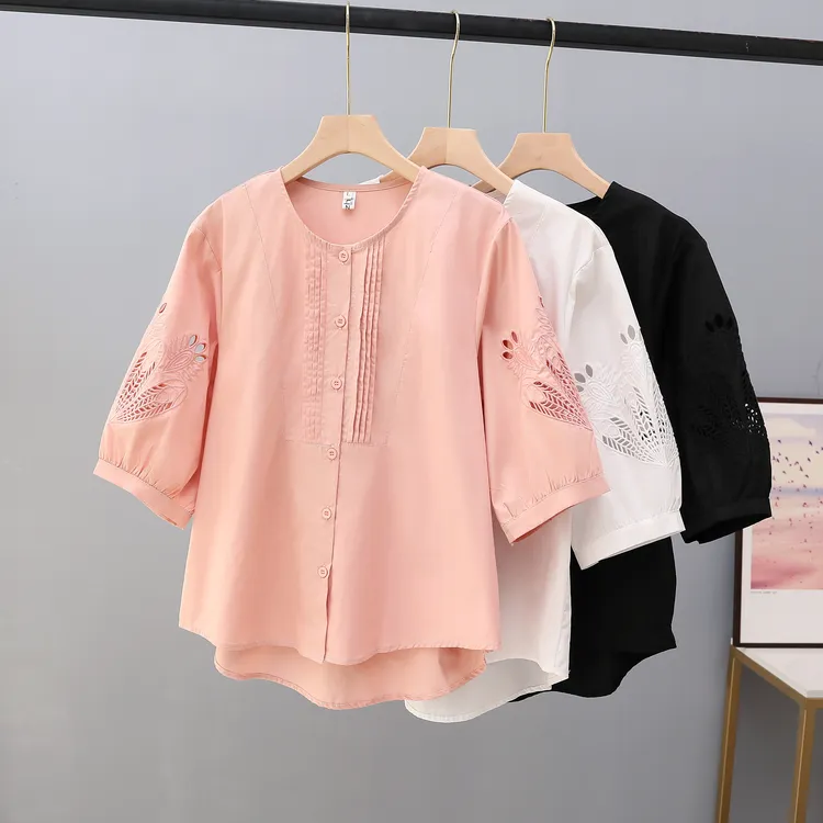 纯棉大码女装新款2025胖mm夏装灯笼袖上衣中袖镂空绣花百搭T恤女