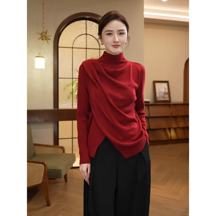 2026年秋冬款【8533】含绵羊毛针织衫垂褶设计感气质百搭咖色毛衣