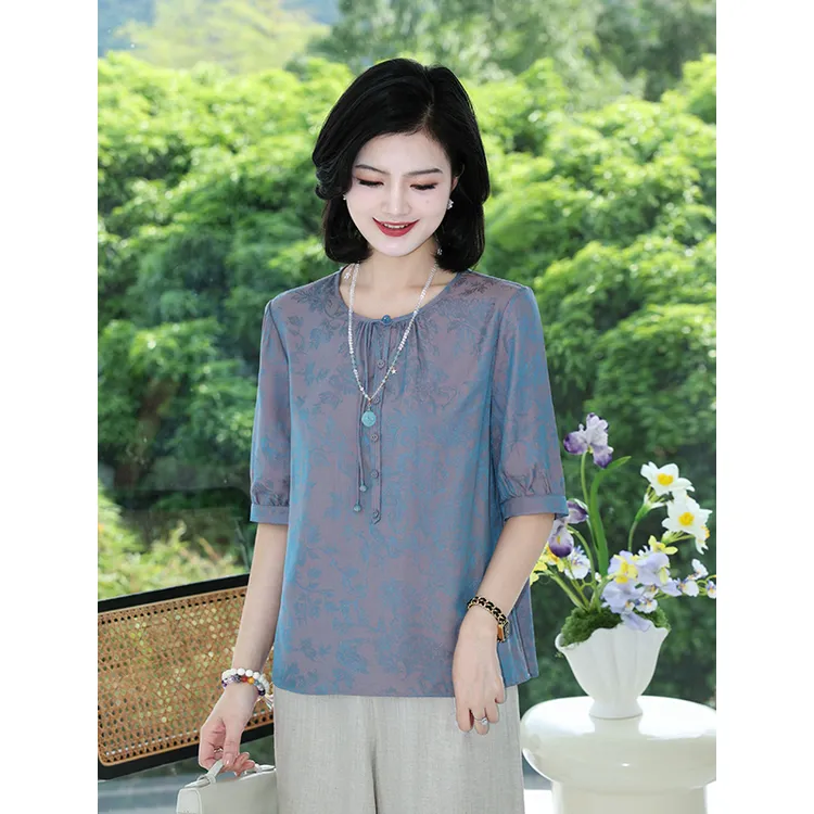 阿楠anan 鎏光溢彩 新中式夏装国风盘扣气质百搭上衣衬衫中袖小衫