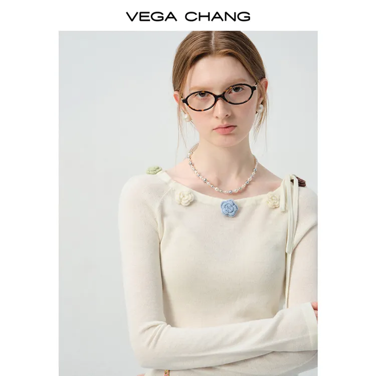 VEGA CHANG毛针织衫女2025新款秋圆领立体钩花温柔风修身0299LW