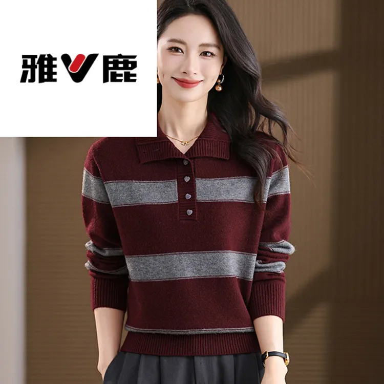 雅鹿优选鄂尔多斯市翻领羊毛衫毛衣女春秋新款洋气宽松显瘦条纹针