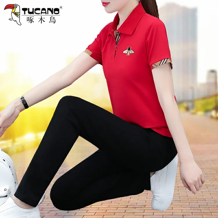 啄木鸟妈妈夏装翻领运动服套装女2025新款女士修身时尚休闲两件套