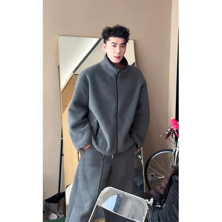大码300斤秋冬深灰色双面重磅摇粒绒卫衣套装保暖男士穿搭一整套2