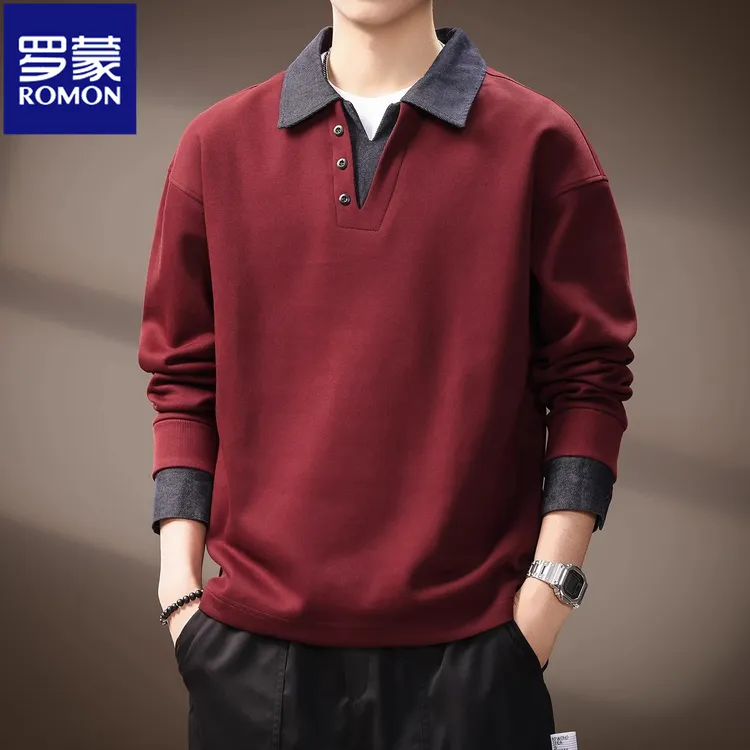 Romon/罗蒙假两件撞色拼接重磅牛仔Polo衫男秋季美式复古宽松翻领