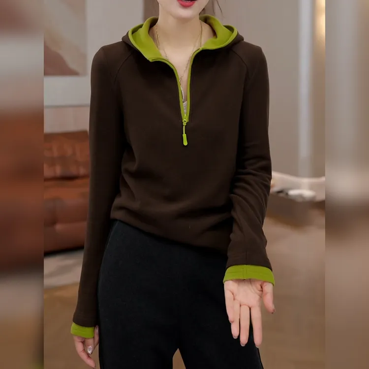 双面德绒保暖半拉链连帽卫衣女秋冬休闲百搭撞色时髦洋气打底上衣