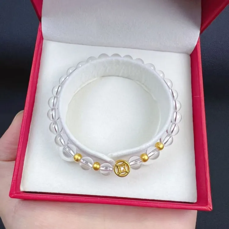 黄金足金999点钻钱币转运珠天然白水晶手链手串单圈送女朋友闺蜜