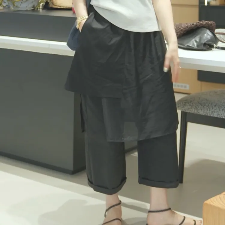 夏季时尚抽绳高腰设计拼接网纱假两件百搭休闲九分裤LK2503738