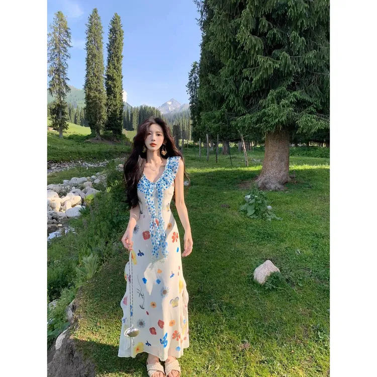 一颗甜桃yikett杜乐丝花园印花连身裙女夏日绝美多巴胺小裙子5792