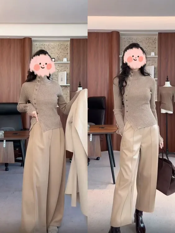 【曲线美学】2025冬季新款高领设计款羊毛针织衫+休闲长裤00079