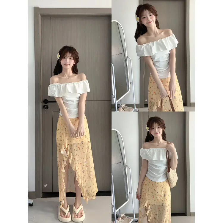 韩系纯欲风一字肩白色短袖t恤女夏季小个子修身显瘦短款露肩上衣