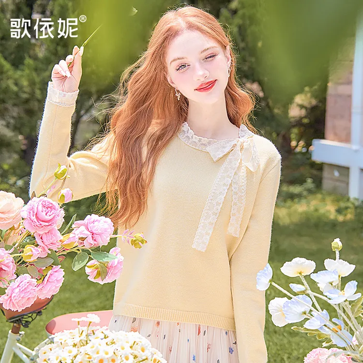 歌依妮秋冬新款女法式黄色宽松蕾丝温柔洋气外穿针织衫毛衣上衣