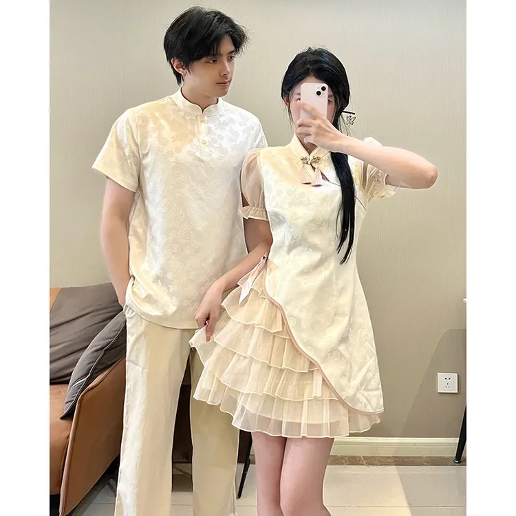 情侣装2025新款夏季新中式网纱短旗袍连衣裙古风洋气高级感男衬衫