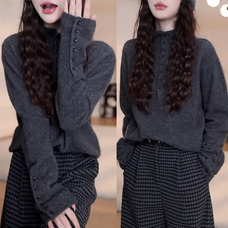 纯欲慵懒风时尚套装女2025秋冬季新款立领纽扣毛衣直筒裤子两件套