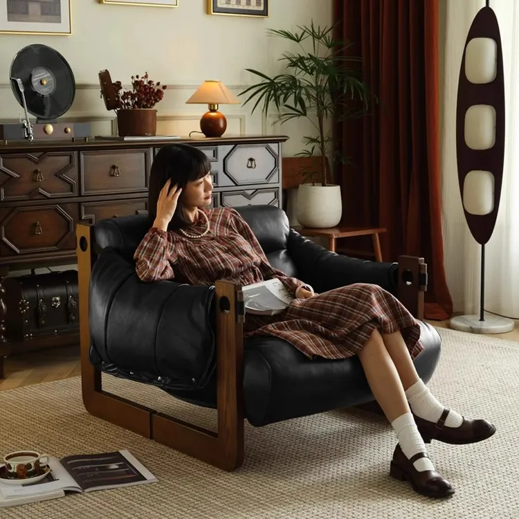 泽西岛意式轻奢客厅家用单人椅中古休闲懒人皮艺沙发椅子实木椅子