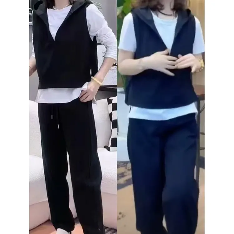 2024新款韩版洋气连帽马甲打底休闲三件套时尚大码气质套装