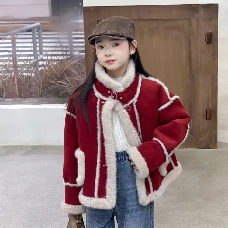 2026年新款女童冬季加绒加厚韩版洋气休闲百搭外套红色年服款
