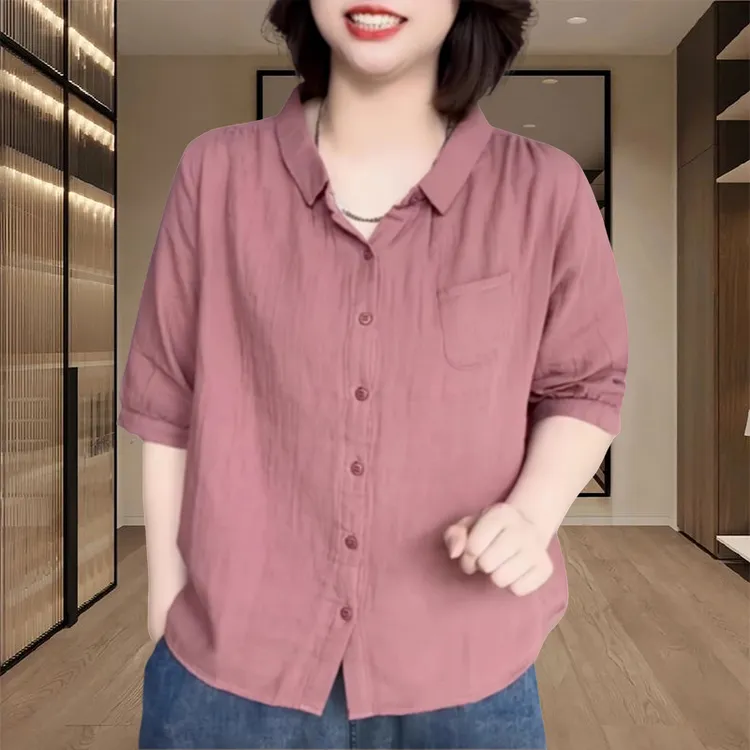 欧货薄款衬衫女夏季中袖宽松2025新款小个子妈妈装减龄短袖上衣服