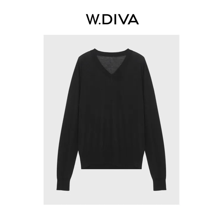 W.Diva【黑羽织】康赛妮羊绒针织衫莱赛尔V领套头纯欲女装53Z202696