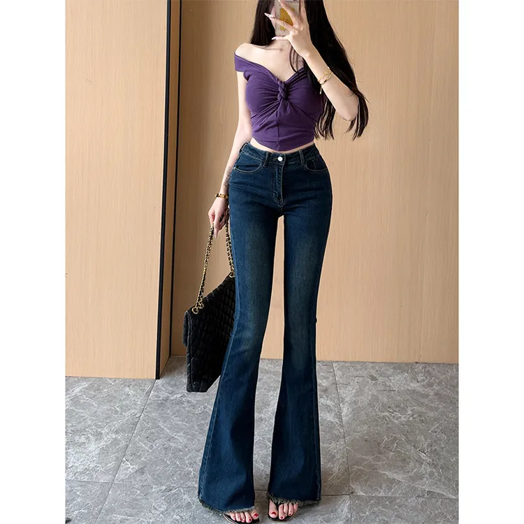 流苏微喇叭牛仔裤女2025秋季新款修身弹力高腰提臀气质百搭长裤