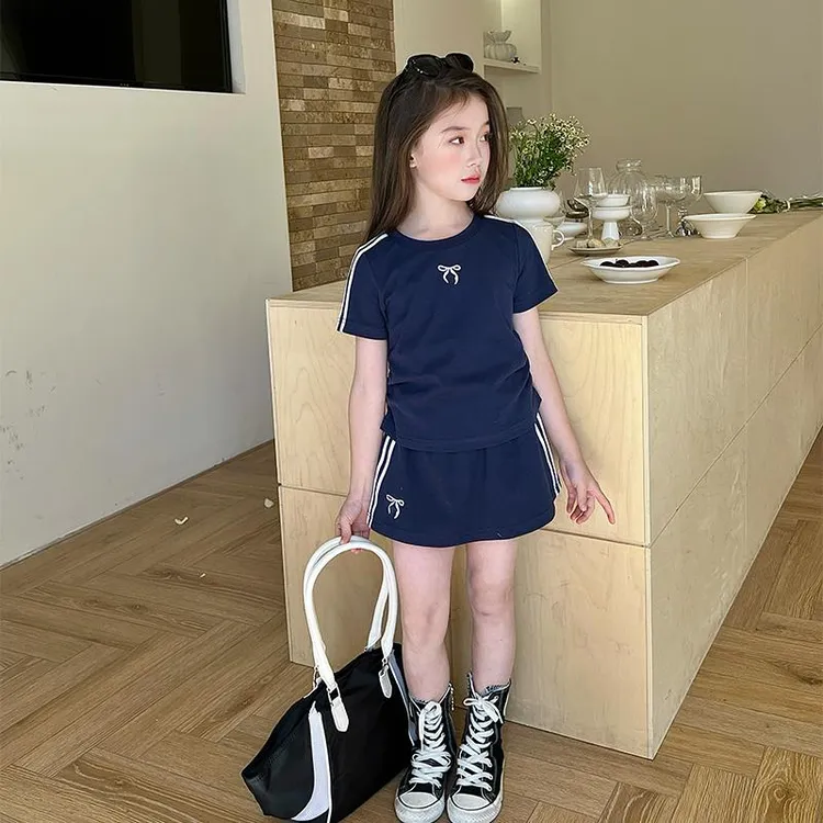 女童纯棉运动套装儿童夏季时髦两件套童装女孩中大童休闲短袖短裙