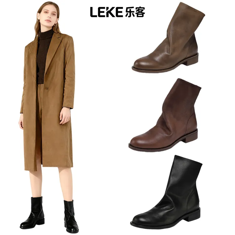 真皮堆堆靴女粗跟圆头复古马丁靴后拉链擦色短筒倒靴裙子牛皮短靴